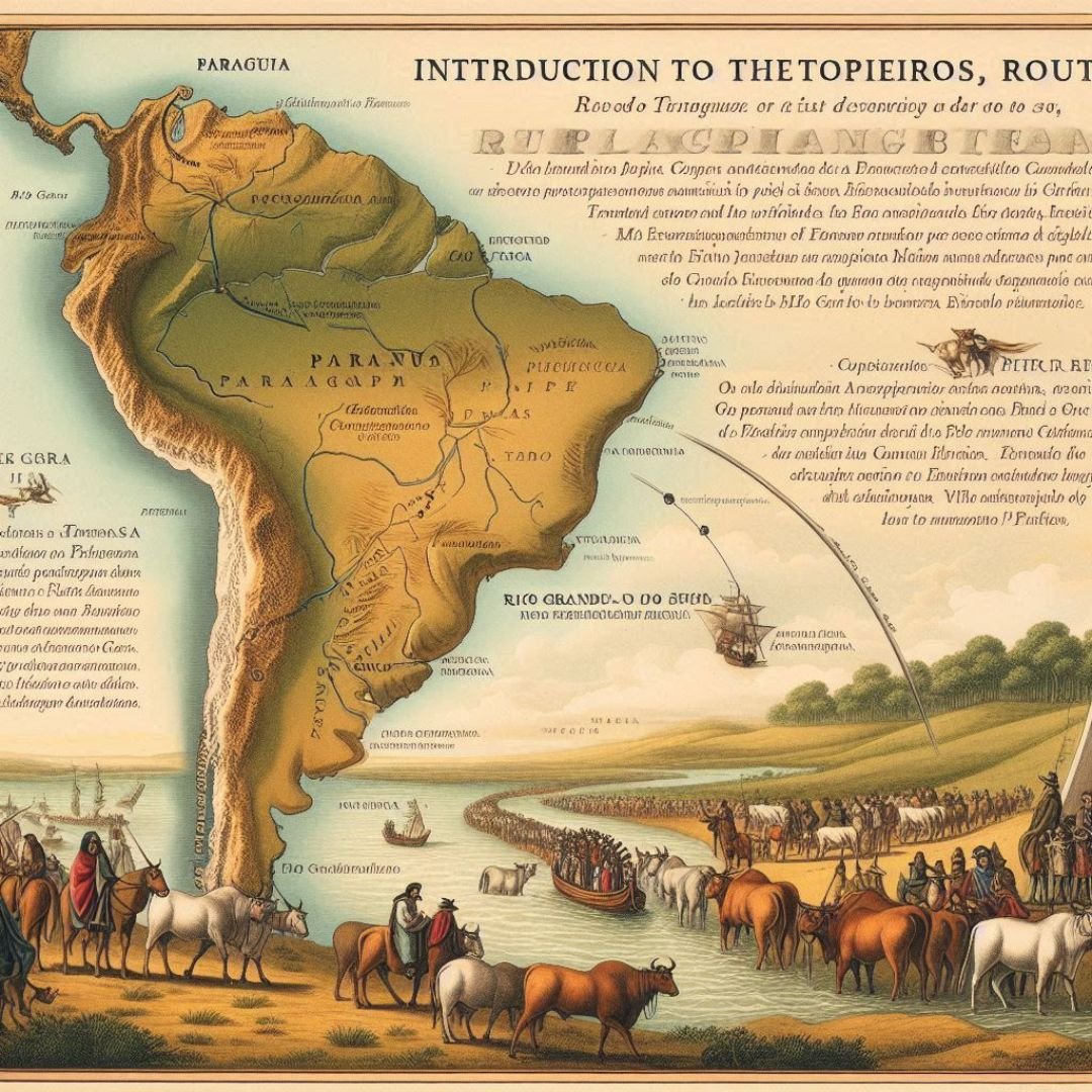 A Rota dos Tropeiros, um dos mais importantes caminhos históricos do Brasil, teve sua origem no Rio Grande do Sul. Esta ilustração cativante, criada por Ivan Mendes da Lobi Ciclotur, retrata o momento crucial em que intrépidos tropeiros gaúchos introduziram o gado no estado, moldando assim a cultura e a economia da região.