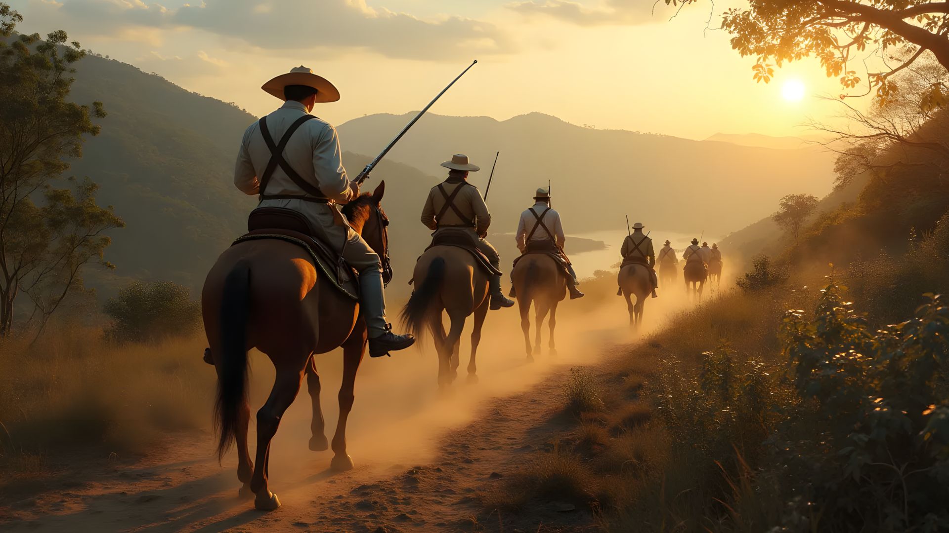 A imagem retrata cavalarianos redescobrindo a Rota dos Tropeiros, imersos na rica natureza e fazendo história na colonização do Brasil.