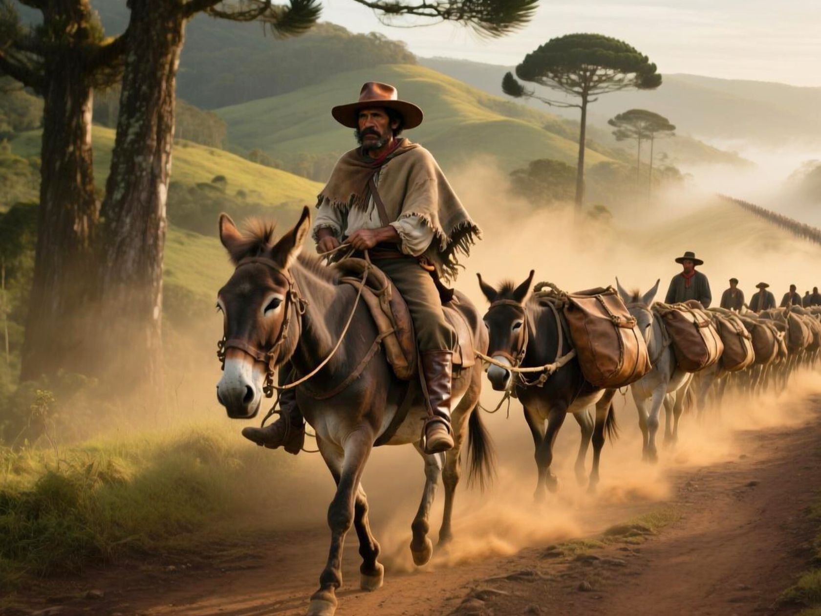 Tropeiros de mulas com bruacas na Rota dos Tropeiros. Imagem simulada com a ajuda de inteligência artificial por Ivan Mendes.